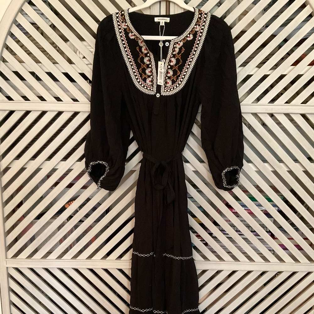 Max Studio Maxi dress. NWT. Black with embroidered detail! M